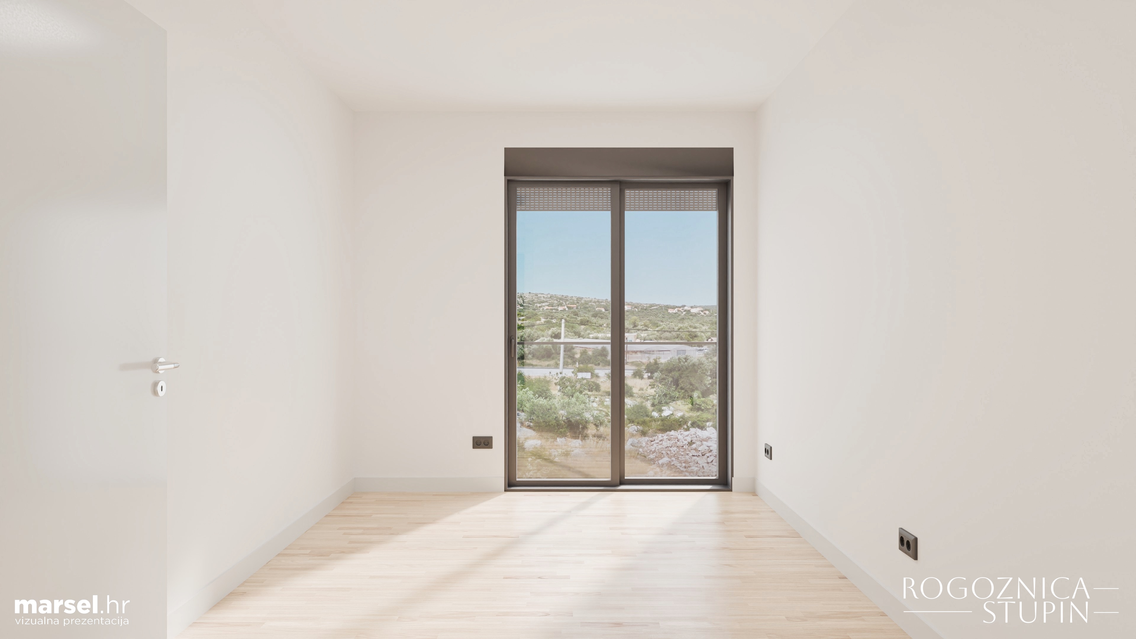 Vizualizacija interijera apartmana u novogradnji Rogoznica Stupin. Prostrani i svijetli unutarnji prostori s pogledom na more, idealni za stanovanje ili investiranje u apartman na dalmatinskoj obali.